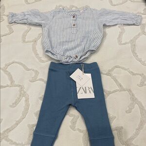 Zara Blue Striped Onesie and Leggings Set